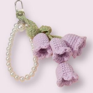 Lilac Crochet Bell-Flower Keychain with Pearl Accent